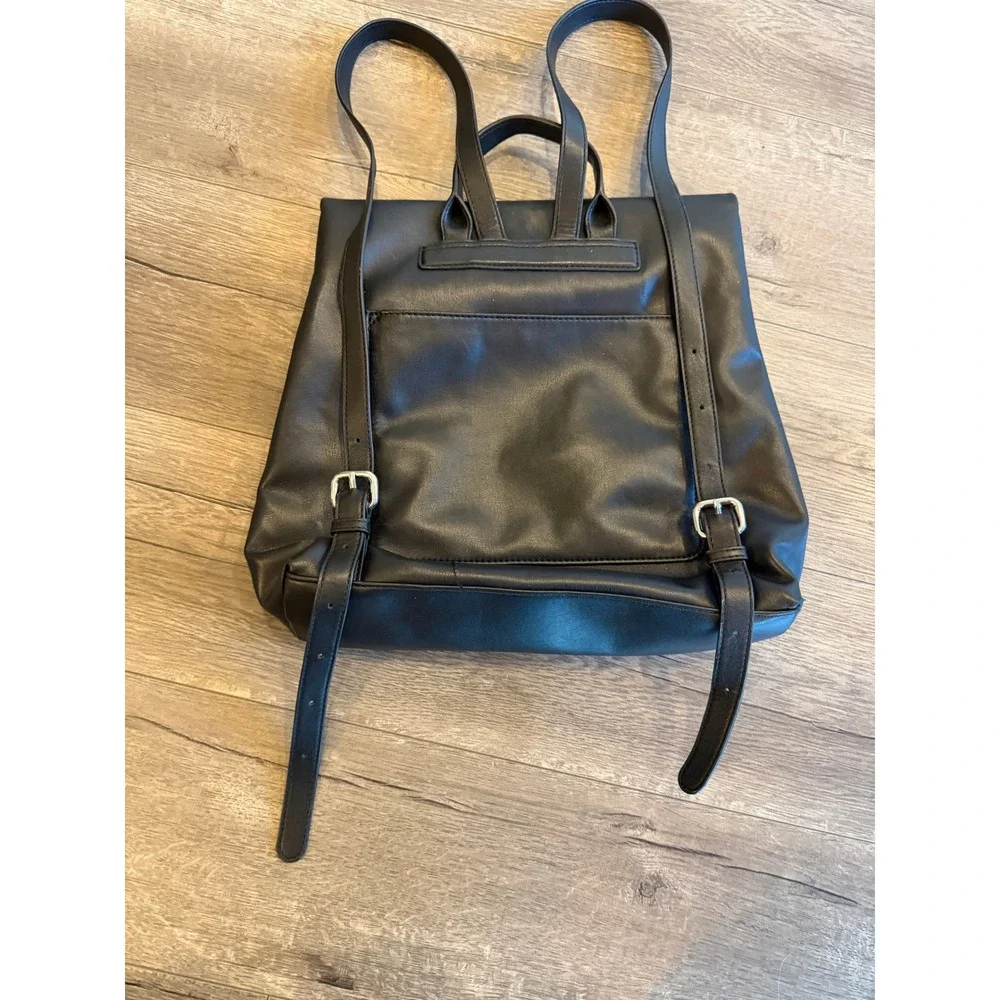 DKNY Black Faux Leather Foldover Roll Top‎ Backpack Flap Closure